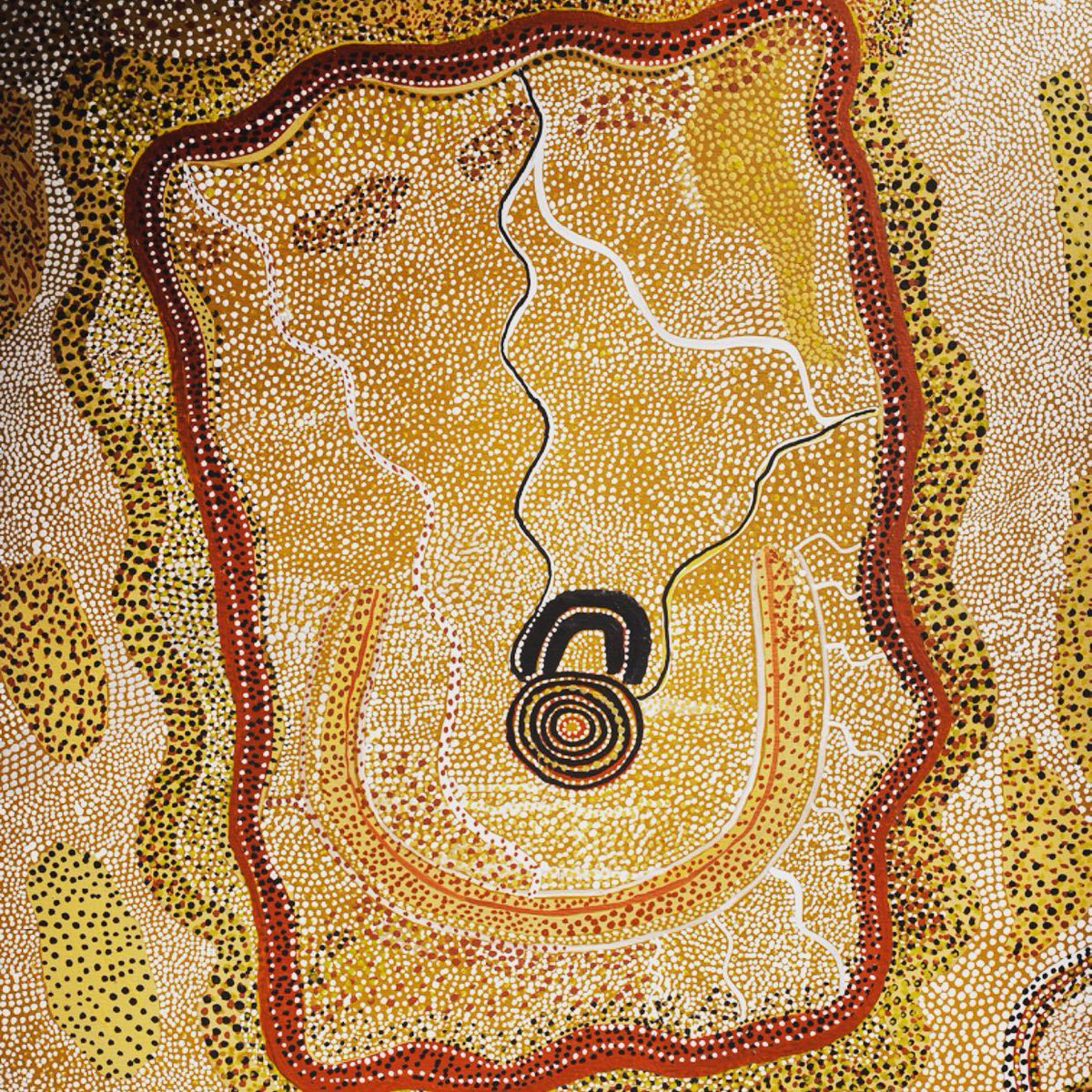 While waiting for our next exhibition BEFORE TIME BEGAN we’ll propose   an artwork’s detail that you will be able to discover from the 9th of June <a href="/FondationOpale/">Fondation Opale</a>. Water man at Kalipinypa, 1973, Johnny Warangkula Tjupurrula. Papunya, Western Desert, Northern Territory, Australia