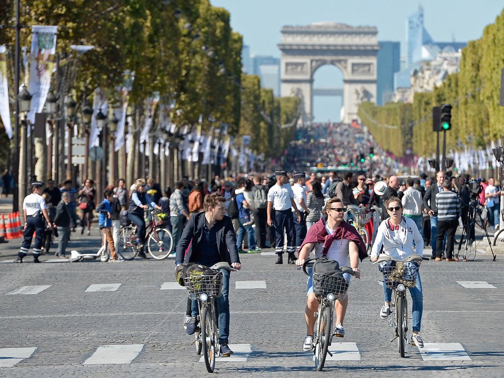  #Paris car-free days once a month for the central city (the first 4 city quarters or arrondissements, & the Champs-Élysées) were launched to help address urban pollution, & improve health & quality of life. The plan is to go to once a week this September, & eventually permanent.