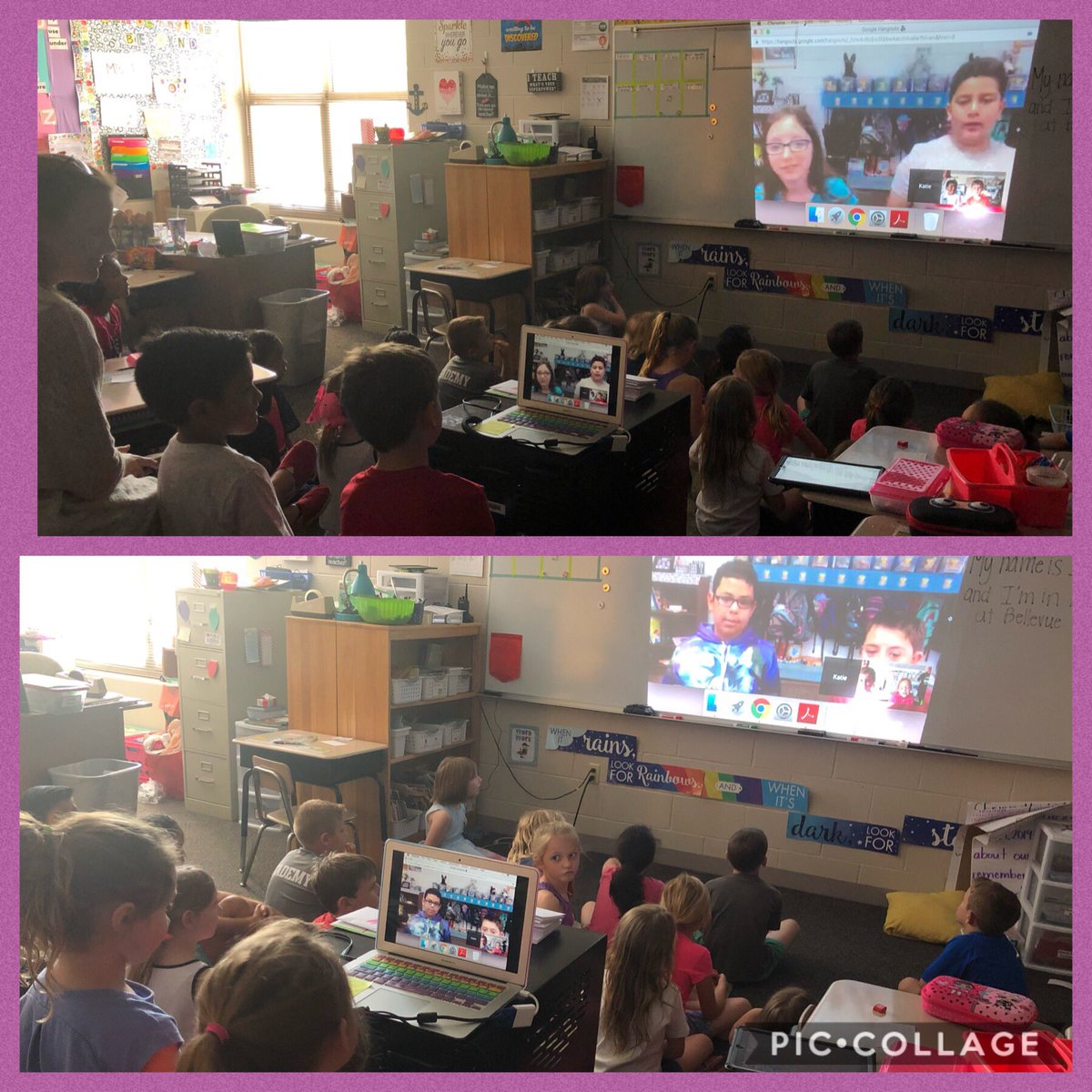 After a exchanging friendly letters with @herbertkatie 4th grade at @LLawrenceElem @DickmanMckynzie 1st graders @BVHawksBPS  did a google hangout to meet our new buddies. It’s fun having buddies at another @BellevueSchools #bpsne #teambps #authenticwriting