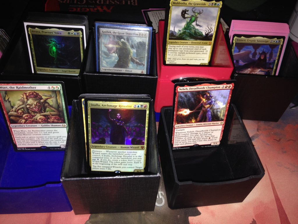 CrazyCatGuyMtG's tweet photo. This is how I find motivation to sort and organise all my cards. Pick a few commanders and start brewing while sorting, binders and long boxes for the rest! How do you organise your collections? @JoshLeeKwai @jumbocommander @commandcast @Kesswylie #cardboardaddict #mtg #EDH https://t.co/3p8IWuaatX