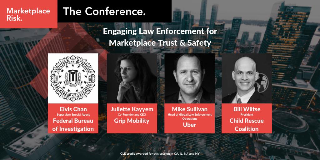 MarketplaceRisk's tweet photo. Join Elvis Chan of the FBI; @juliettekayyem of Grip Mobility; Mike Sullivan of @Uber; and Bill Wiltse of @ChildRescueCo for their session "Engaging Law Enforcement for Marketplace Trust &amp; Safety" at the 2019 Marketplace Risk Management Conference. 

https://t.co/su5p0c8MJb https://t.co/lmfy0MgEqV