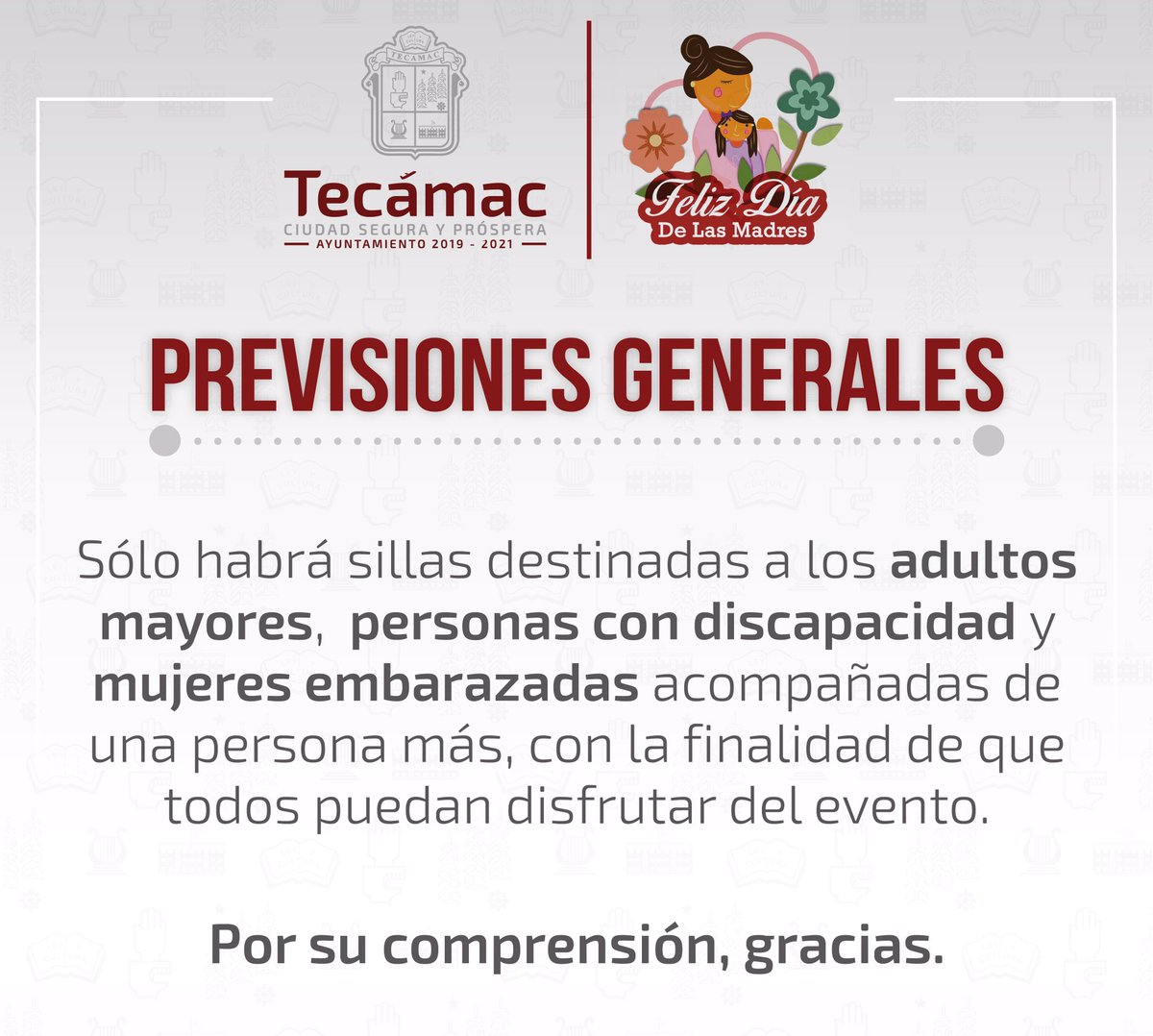 A toda la comunidad, les pedimos tomar en cuenta las siguientes recomendaciones para disfrutar mejor del evento de este viernes 17 de mayo con motivo del Día de las Madres.

#Tecámac
