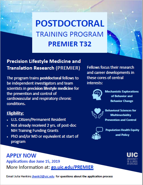 SOBC_RCC's tweet image. University of Illinois at Chicago is accepting applications for the PREMIER T32 Postdoctoral Training Program. Applications are due June 15th! For more info: go.uic.edu/PREMIER

#PREMIER #postdoctraining #PrecisionMedicine