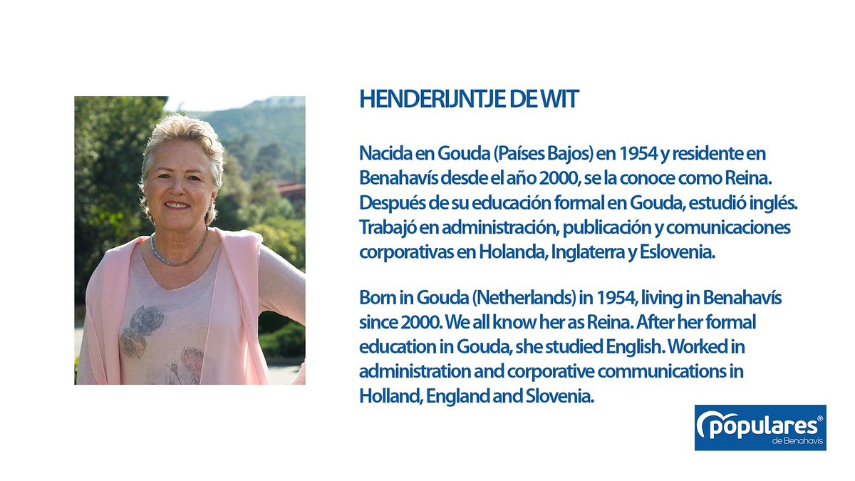 Número 11
Henderijntje de Wit , originaria de Países Bajos y residente en Benahavís desde el año 2000.
Reina, ha trabajado en Holanda, Inglaterra y Eslovenia.

#votapp
#ApuestaPorLaExperincia
#ExperienceCounts

#municipales2019
#JoseAntonioMenaAlcalde