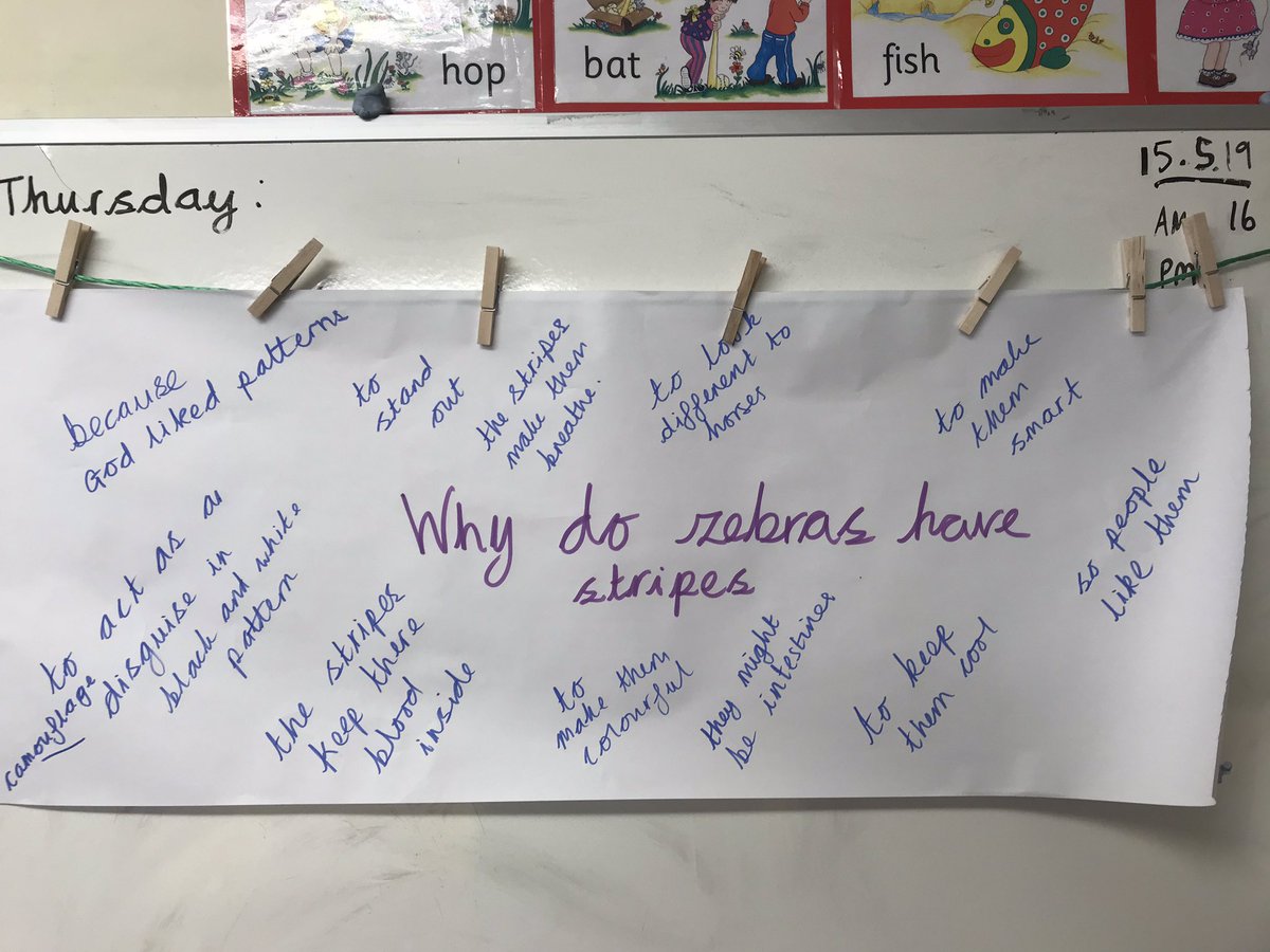 StPetersEY's tweet photo. Look at the ideas the children came up with today about our topic question - why do zebras have stripes? My favourite? Because God Luke’s patterns #nolimits https://t.co/rEPk7nc6Un