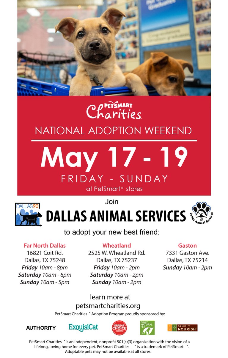 DallasShelter's tweet photo. Please join DAS for National Adoption Weekend! Starting Friday we will be offsite at various PetSmart locations around the city offering FREE adoptions!(Check the flyer for locations near you) Come out & adopt your new BFF for FREE! #PicMe #PetSmartCharities #DASAdopt https://t.co/CU9TMzFAZf