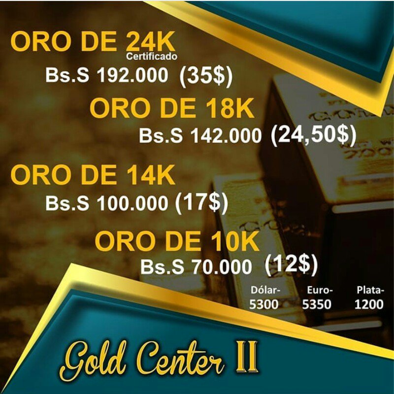Consorciojjca's tweet photo. Valor referencial del Oro en la región metropolitana pagaderas en Dólares y Bolívares 💰
#Oro #PrecioDelOro
#Gold #CompraDeOro https://t.co/2ifcafY82s