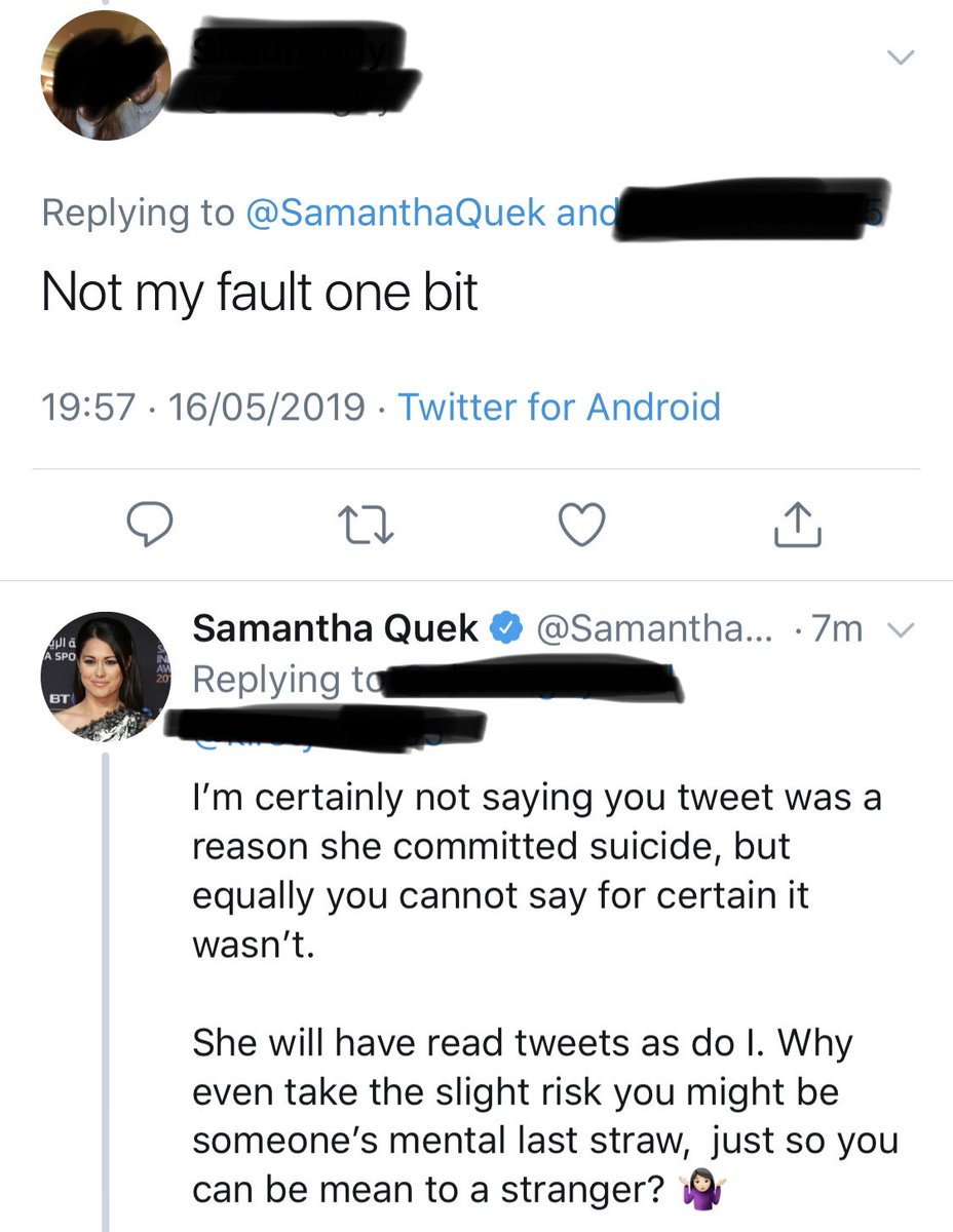 SamanthaQuek's tweet photo. I’m SO fed up with the idea that being abusive online is different to being abusive in the street.

It’s #MentalHealthAwarenessWeek - Lets all be more responsible online.

It’s no longer “sticks &amp; stones may break my bones but words will never hurt me” - times have changed! https://t.co/jNDbwbazEL