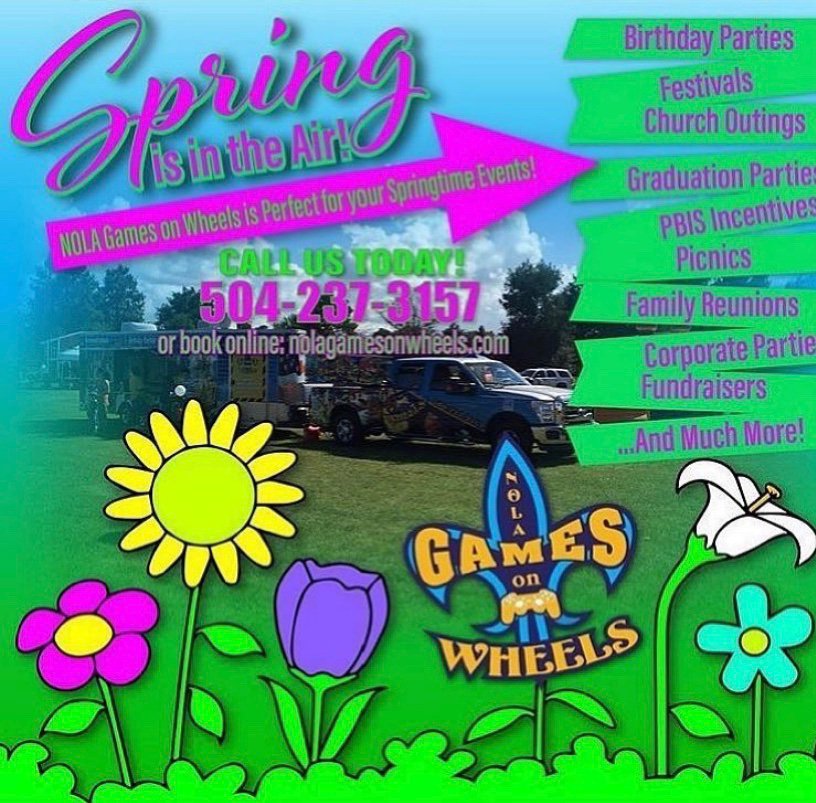 NOLAGames's tweet photo. Don’t hesitate to contact us for your spring events! Let Nola Games On Wheels bring the fun to you! #NolaGameTruck #VideoGameTruck #PlayStation #Wii #XBox #MarioKart #Fortnite #Madden #NBA2k #Pacman #JustDance #WeBringTheFunToYou #Spring #Summer https://t.co/QFhNbfwoqW