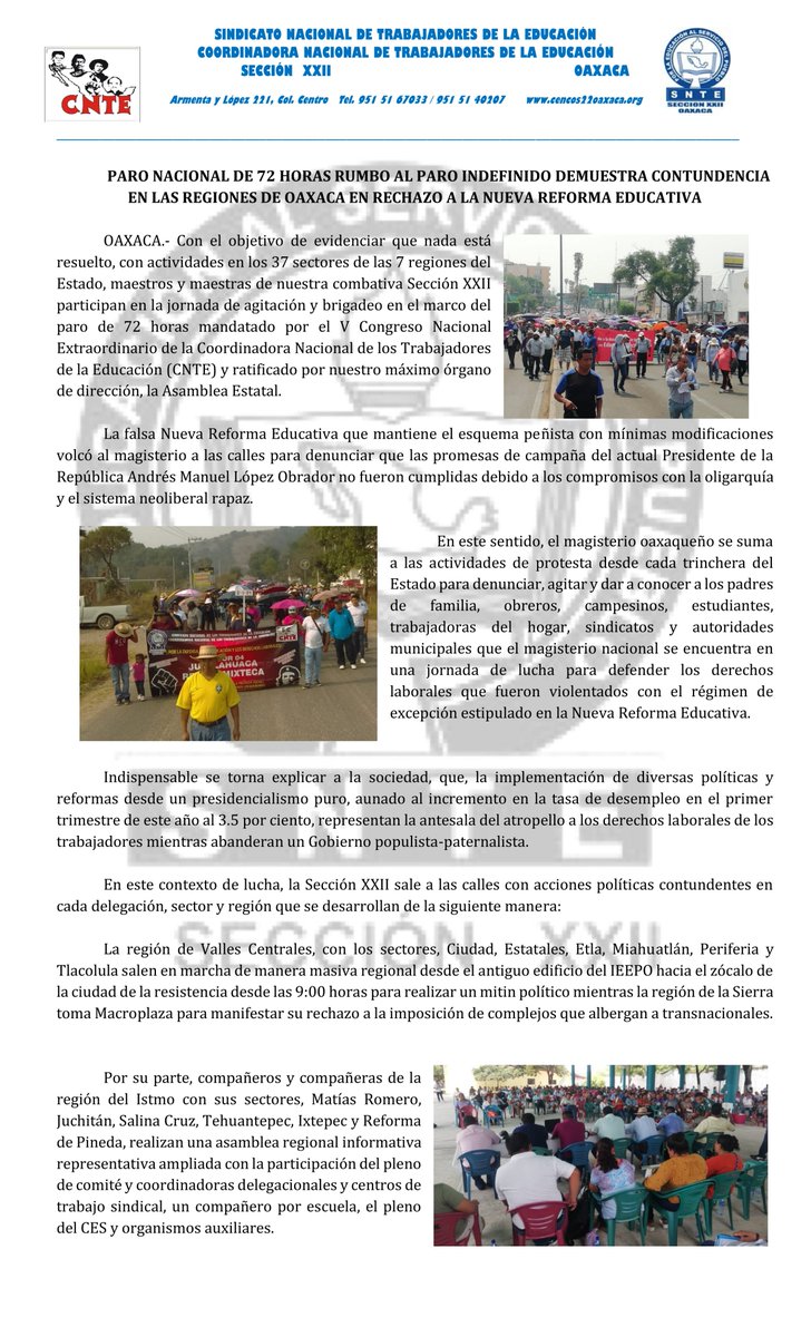 Seccion22Cencos's tweet photo. *PARO NACIONAL RUMBO AL PARO INDEFINIDO DE LABORES DEMUESTRA CONTUNDENCIA EN LAS REGIONES DE OAXACA EN RECHAZO A LA NUEVA REFORMA EDUCATIVA* https://t.co/D0rqjH2s3J