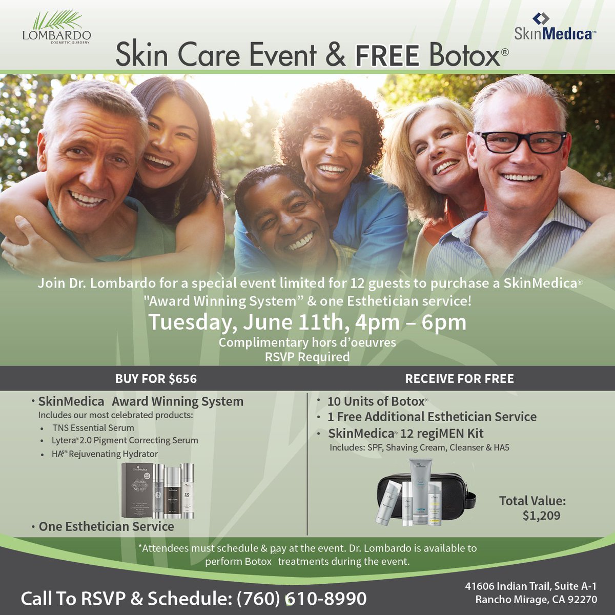 DrLombardoPS's tweet photo. Join Dr. Lombardo for a exclusive #SkinMedica #SkinCare event & FREE #Botox on June 11th 4-6pm #RanchoMirage Call now to RSVP & schedule (760) 610-8990 #SpecialOffer #Esthetician #HA5 #TNSessentialserum #Lytera #GetEven @SkinMedica #PalmSprings #Skin https://t.co/4rLRGm1sE4 https://t.co/lMaxklYry4