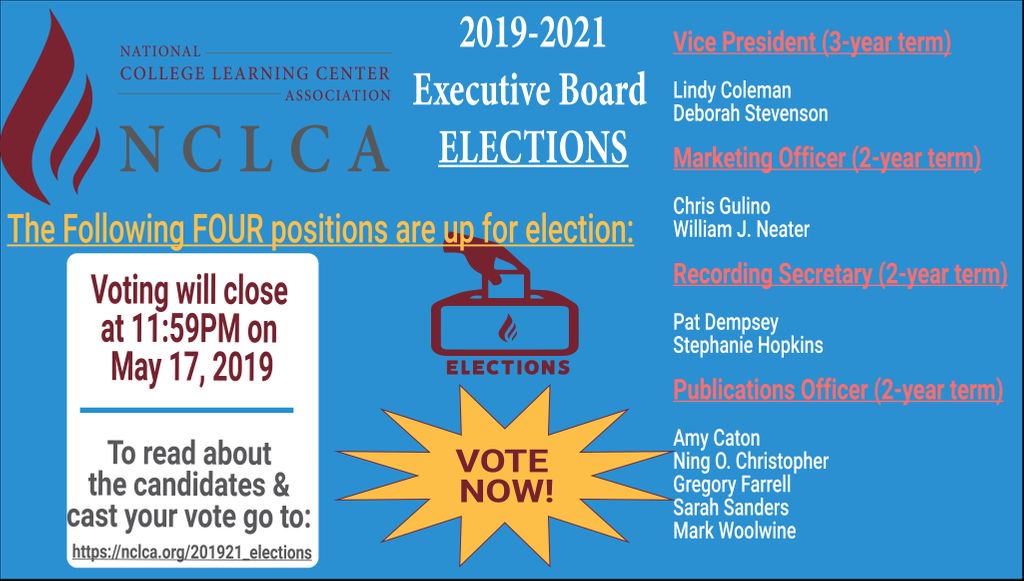 Time to exercise your constitutional right! 🗽 TO VOTE! ✅ For the 2019-2021 <a href="/NCLCA_USA/">NCLCA</a> Executive Board positions! 😀 Voting Closes EOD Friday, 5/17/19 🕛 Time's almost up to vote for VP, Marketing, Publications, &amp; Secretary! Candidate info &amp; link to vote: nclca.org/201921_electio…
