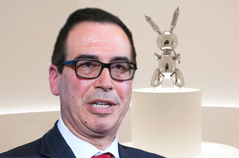 missionlines's tweet photo. TREASURY SECRETARY STEVEN MNUCHIN
POCKET CHANGE? Mnuchin faces a daily fine of $25,000 if he fails to honor a House subpoena to release Trump's tax returns. Meanwhile, on 5/15 his father, art dealer Robert Mnuchin, paid $91.5 Million for Jeff Koons RABBIT. https://t.co/OQkiHiIDKZ https://t.co/Yvgy9kgJ5x