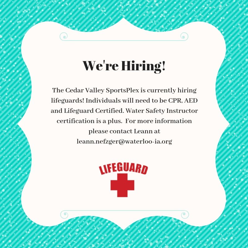 CV SportsPlex (@cvsportsplex) on Twitter photo The <a href="/CVSportsPlex/">CV SportsPlex</a> is hiring! We have multiple lifeguard positions available. Not certified? We will be offering a lifeguard certification class this weekend 5/17-5/19! All current and future lifeguards can receive a discount on the certification./recert. The <a href="/CVSportsPlex/">CV SportsPlex</a> is hiring! We have multiple lifeguard positions available. Not certified? We will be offering a lifeguard certification class this weekend 5/17-5/19! All current and future lifeguards can receive a discount on the certification./recert.
