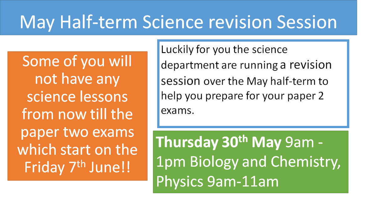 TwraScience's tweet photo. Well done to all our year 11's for a great start to your science exams.
To support you with your paper 2 exams we will be running a revision session over the May half-term. Details are below. https://t.co/ckHKrWurag