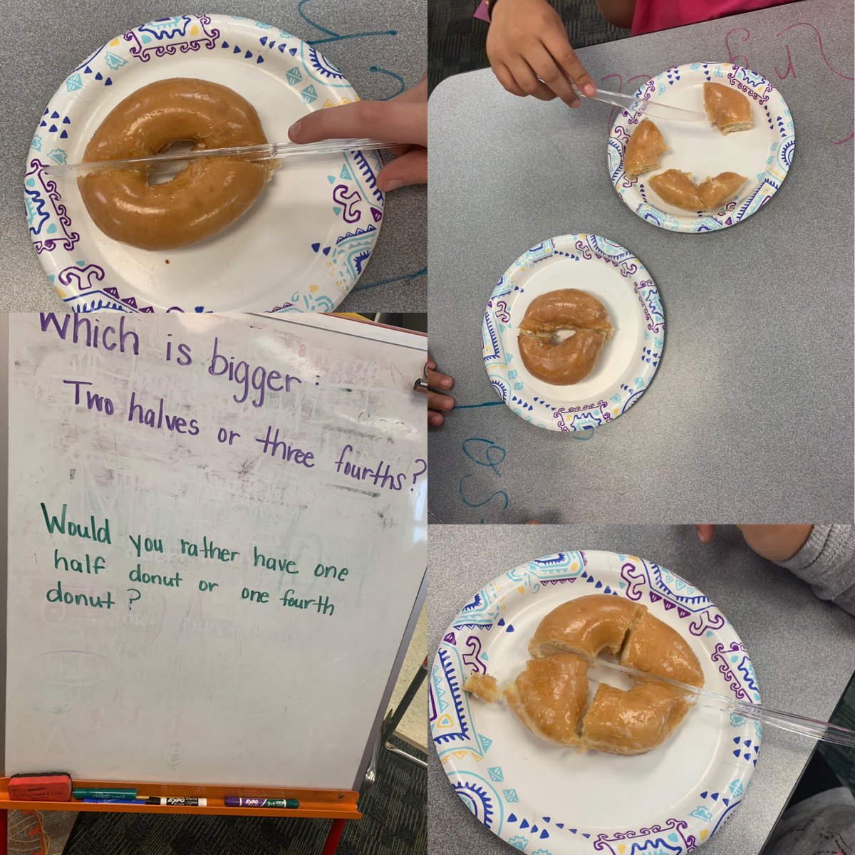 Ms_Linthicum's tweet photo. What’s the best way to celebrate wrapping up a unit on partitioning? Donuts of course! Super proud of my @lakemyra #firstgraders who partitioned their donuts, discussed our  questions, aaaand provided thoughtful responses before enjoying their tasty treat! https://t.co/4zqohxIFfD