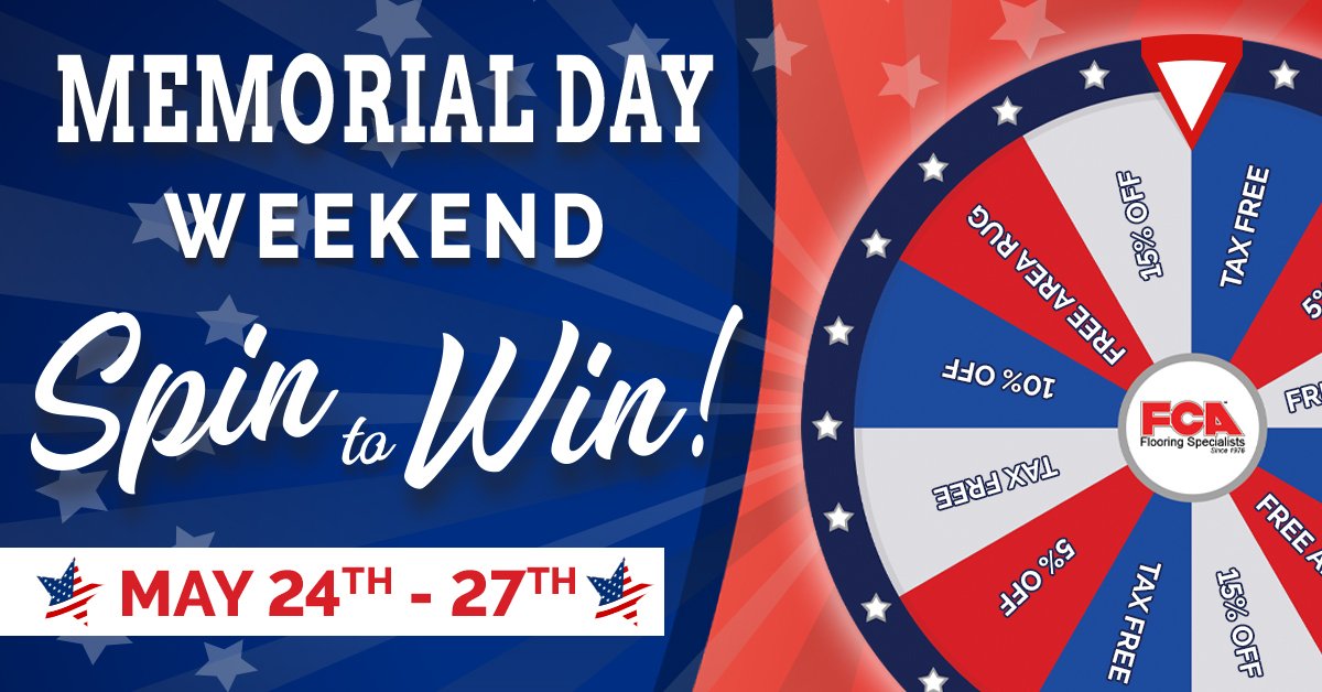 fcaflooring's tweet photo. 🇺🇸 Save big this Memorial Day Weekend 🇺🇸 Spin🎡to Win is back! Stop in and give the ‘ol wheel a whirl to find out what you save. 🎡
Hurry,🔔deal is May 24-27 ONLY! https://t.co/yhB6IlUcPv  
#FCA #MemorialDay #flooring #interiordesign #carpet #hardwoodflooring #carpets #tiling https://t.co/bQSW1YweOm