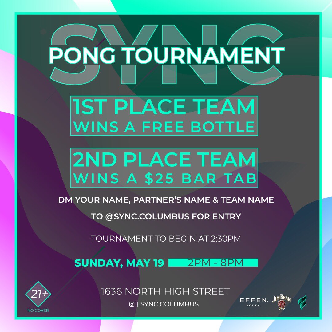 Beer pong tournament on Sunday! DM Sync.columbus on Instagram to sign up. Prizes for first and second place winners! 🍾🍾🍾