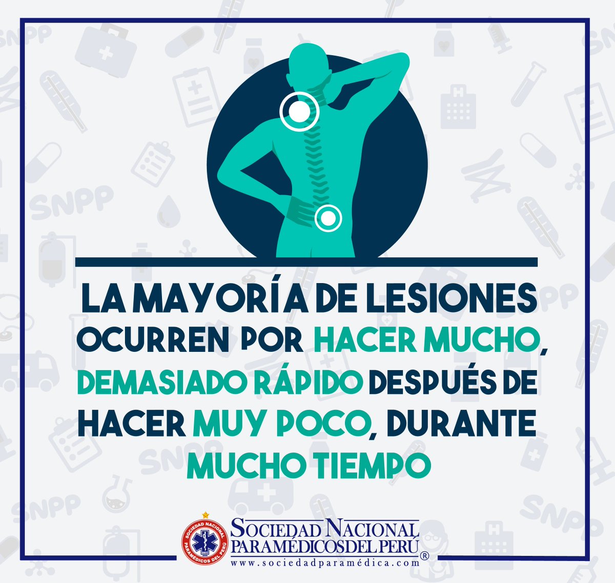 SNPP2018's tweet photo. La mayoría de lesiones ocurren por HACER MUCHO, DEMASIADO TIEMPO, después de hacer MUY POCO, durante MUCHO TIEMPO.

#Salud #Lesiones #Consejos #SNPP https://t.co/n4fQ0dTH8S