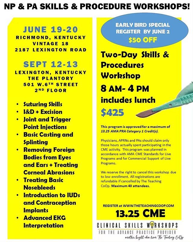 Build your NP and PA toolbox this summer at a 2 day skills and procedures workshop. Hands on with expert faculty. $425 Link in bio. #nursepractitioner #pasdothat #nursepractitioner #kynurse #kentucky #kentuckynurses #advancepractice #primarycare #urgentc… bit.ly/2YxqlrW