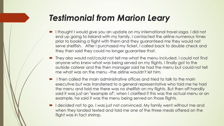 NoNutTraveler's tweet photo. Slides below R from my presentation to  #IFAAA meeting in London-  example of Marion adult w/ a #foodallergy afraid to fly because of lack of guidelines  #foodallergy #airlines- Take a look at the slides to get the whole story - then read her piece https://t.co/2PRa758WTZ 👇 https://t.co/tV77Ry1JNo