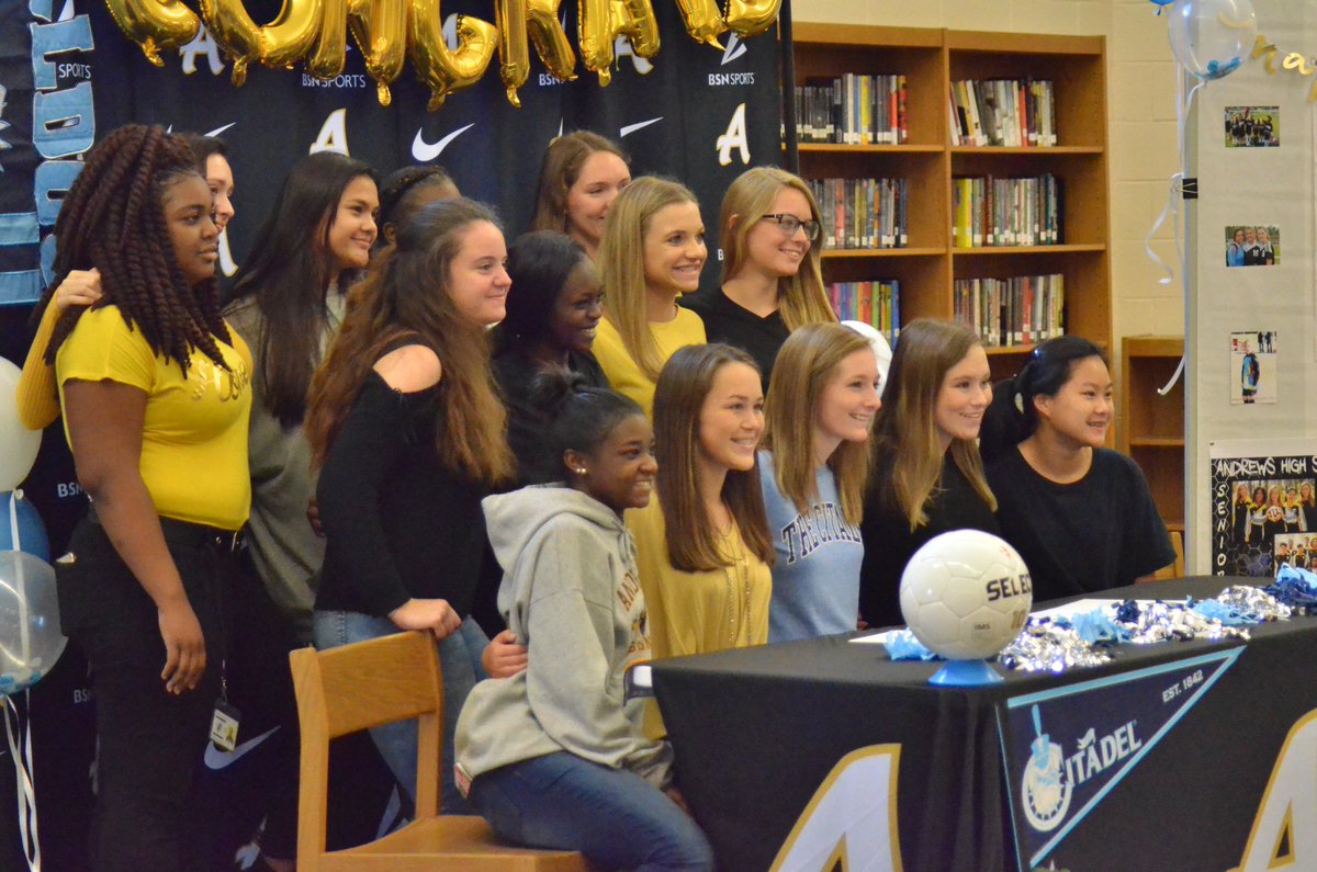 SStrandSports's tweet photo. Earlier this afternoon, @andrewssoccer senior Elissa Reckdenwald officially committed to play soccer at The Citadel. She becomes the fourth Andrews girls soccer player under coaches Shane and April Maglich to sign with a college program. https://t.co/DI1nc3qAfX