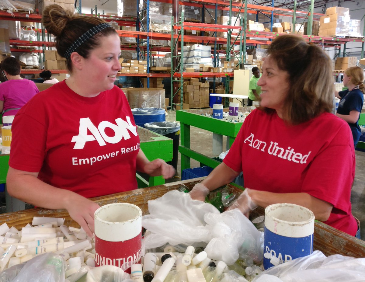AonCareers's tweet photo. Did you know that Aon sets aside one day each year for our colleagues to volunteer in their communities? Last year, these three colleagues volunteered for @CleantheWorld, which distributes soap, hygiene kits & other supplies to millions worldwide. #AonUnited @AonCareers #WhyAon https://t.co/sUxNEzI9dq