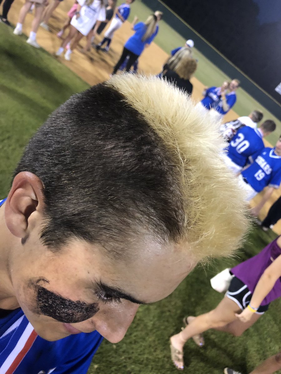 dailyleader's tweet photo. As they did last season, the Cougars went all out with their championship haircuts. MVP in that regard would be senior second baseman Cade Brown. His skunk cut stayed blonde while many of his teammates were sporting orange hued heads. https://t.co/YXECXyw6UE