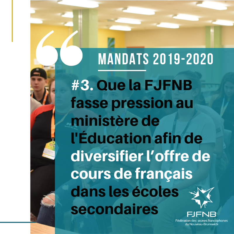 |NOS MANDATS 2019-2020| 
(3/8) Durant notre Assemblée générale annuelle, nos membres ont choisi leurs nouvelles priorités. Ces mandats guideront nos actions pour l'année. #ParetPourLesJeunes
