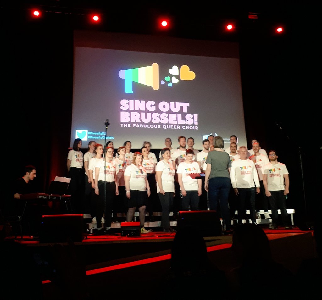catia__sofia's tweet photo. "We are facing a common challenge but are united in Diversity":summing up 10th Diversity Charters' Annual Forum with inspirational @emiliaroig on #intersectionality  and a nice finish with the fabulous queer choir -Sing Out Brussels!- to celebrate #IDAHOT #DiversityEU https://t.co/fPWggCFgVc