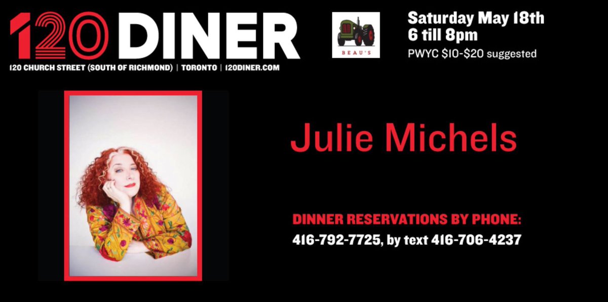 Julie will be at @120Diner with @RossMacIntyre this coming Saturday, May 18th, from 6-8pm! See you there!