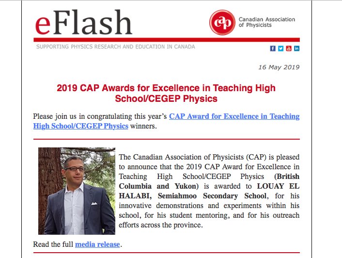 BC_AAPT's tweet photo. Congrats to @BC_AAPT Executive Committee member Louay El Halabi for being awarded the 2019 @CAPhys Award for Excellence in Teaching High School BC/Yukon region. https://t.co/0M67P4xNE5