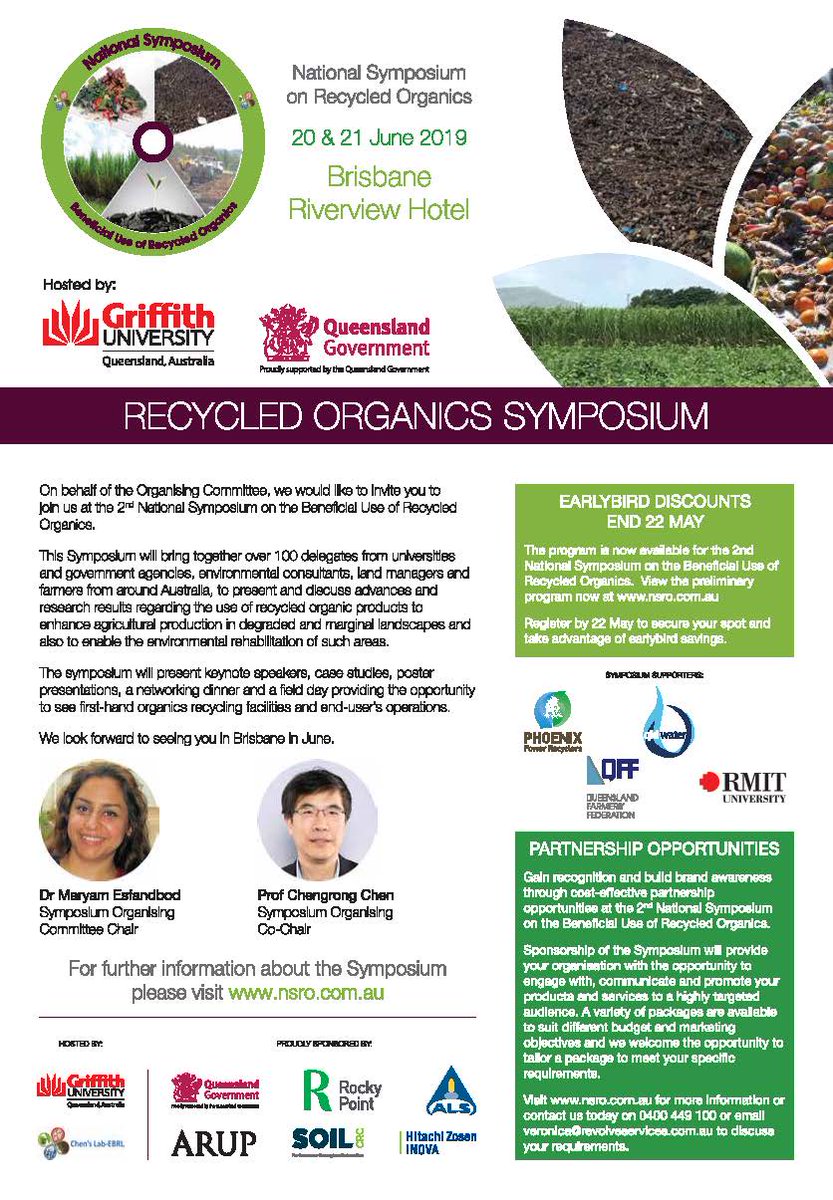 The National Symposium on Recycled Organics is being held on 20 and 21 June in Brisbane. Come along and find out more about advances in and research of recycled organics in agriculture. Early bird  rego closes 22 May.  Check out nsro.com.au for more details.