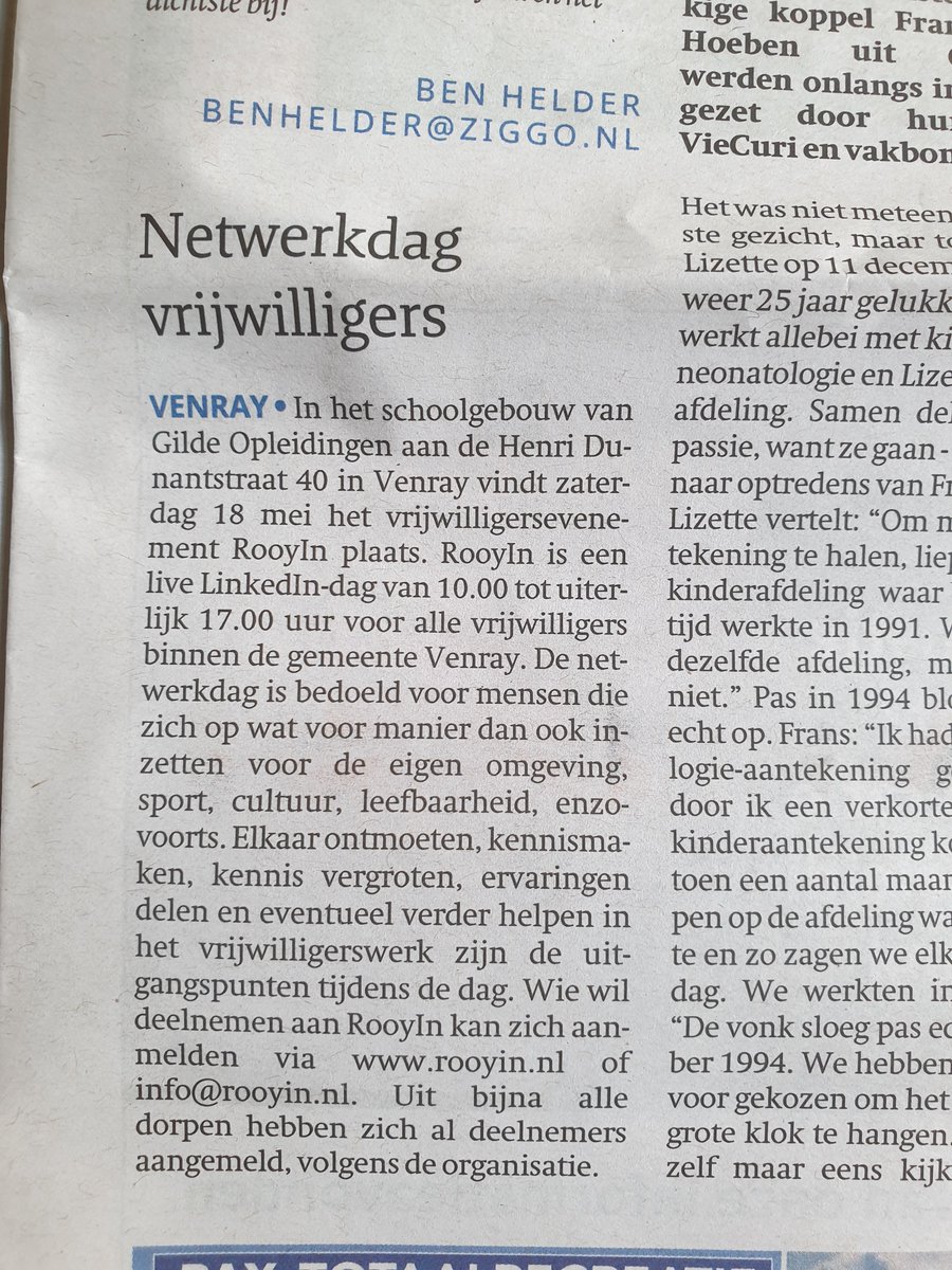 Ruime aandacht voor ons verbindende evenement as. zaterdag 18 in de lokale media, met dank aan <a href="/PeelenMaas1880/">Peel en Maas Venray</a> #HalloVenray #ViaVenray Last minute aanmelden? rooyin.nl of per mail info@rooyin.nl