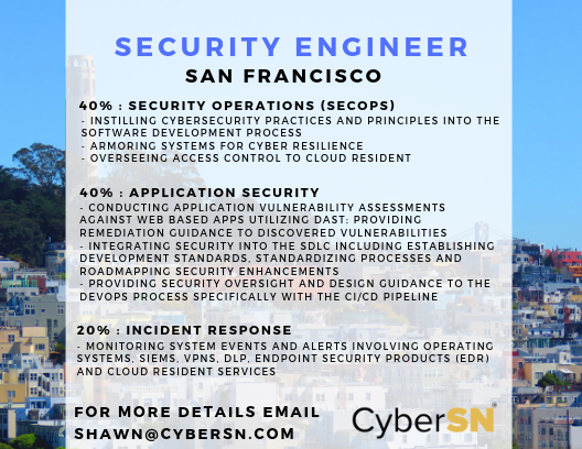 CyberChawn's tweet image. My client is looking for a Sr Security Engineer! 
If you are a looking to be challenged on a diverse security team, then I would love to chat with you!
Please feel free to message me on here or my email Shawn@cyberSN.com! #securityengineer #startupjobs #incidentresponse #appsec