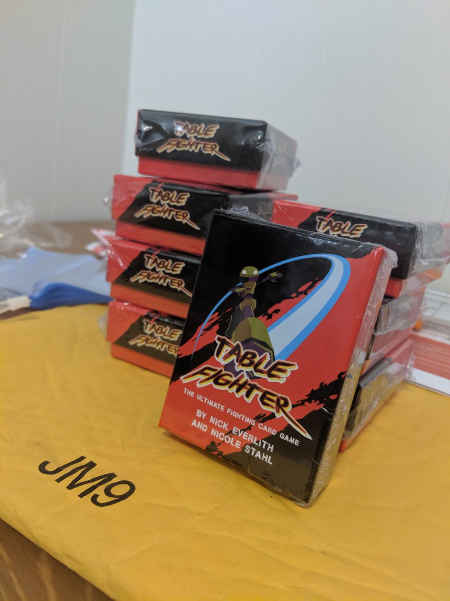 nicoleeverlith's tweet photo. The game is here!!! Come to @Playcrafting spring play on Saturday for the first look at the final prints. #tablefighter #indiedev #gamedev https://t.co/9n701VkN5S