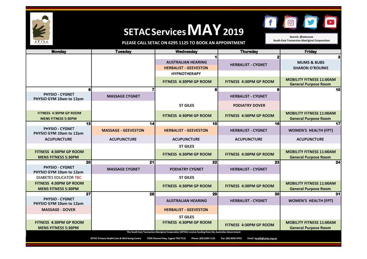 Want to know what's happening at SETAC? See below or go to setac.org.au/events-calenda… There's a PDF in Forms section #Aus #Australia #Tas #Tasmania #Huon #HuonValley #Cygnet #Indigenous #Aboriginal #TorresStraitIslander #Health #Medical #Care #Community #Fitness #Calendar #whatson