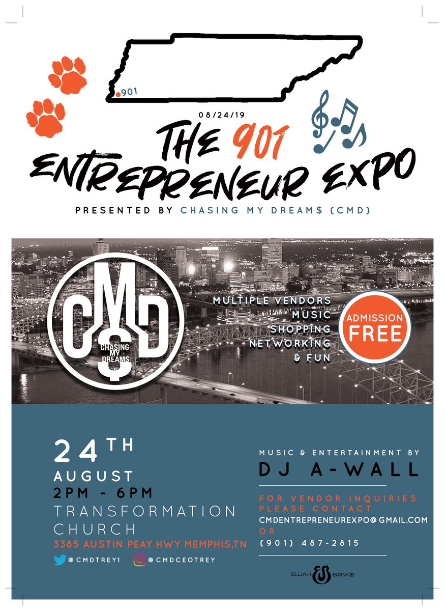 CMDCEOTrey's tweet photo. CMD Presents: The 901 Entrepreneur Expo! If you are an entrepreneur or aspiring entrepreneur and you are seeking opportunities to display your business or brand, this is the PERFECT event for you! Contact me for vendor/booth inquiries! https://t.co/mjAhYTaaej