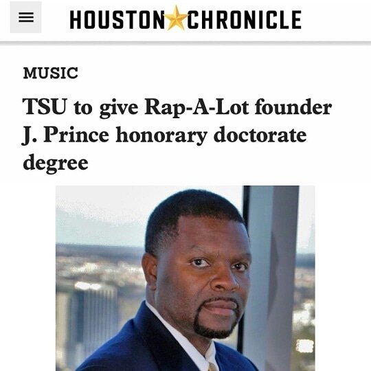 📰 <a href="/jprincerespect/">J Prince</a> Houston Chronicle:
James Prince, founder and CEO of Rap-A-Lot Records, will receive an honorary doctorate degree from Texas Southern University during commencement ceremonies Saturday. 🎓