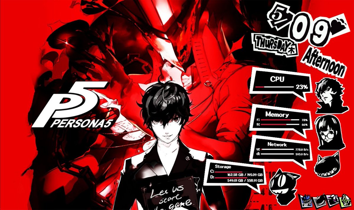 iamMJae's tweet image. Just finished #Persona5 a few days ago and it made me want to put together this #Rainmeter: deviantart.com/m-jae/art/P5-S… 😁