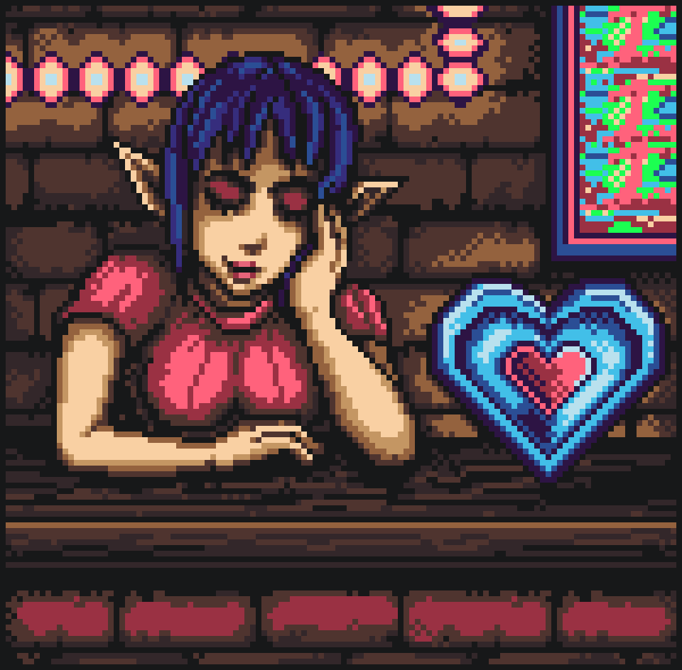 alexsensoft's tweet image. 'Slow Night at Bombchu Bowl'.
Done for @Pixel_Dailies  #HeartPiece #pixelart #gameart #art #zelda #pixel_dailies #aseprite @WithAseprite