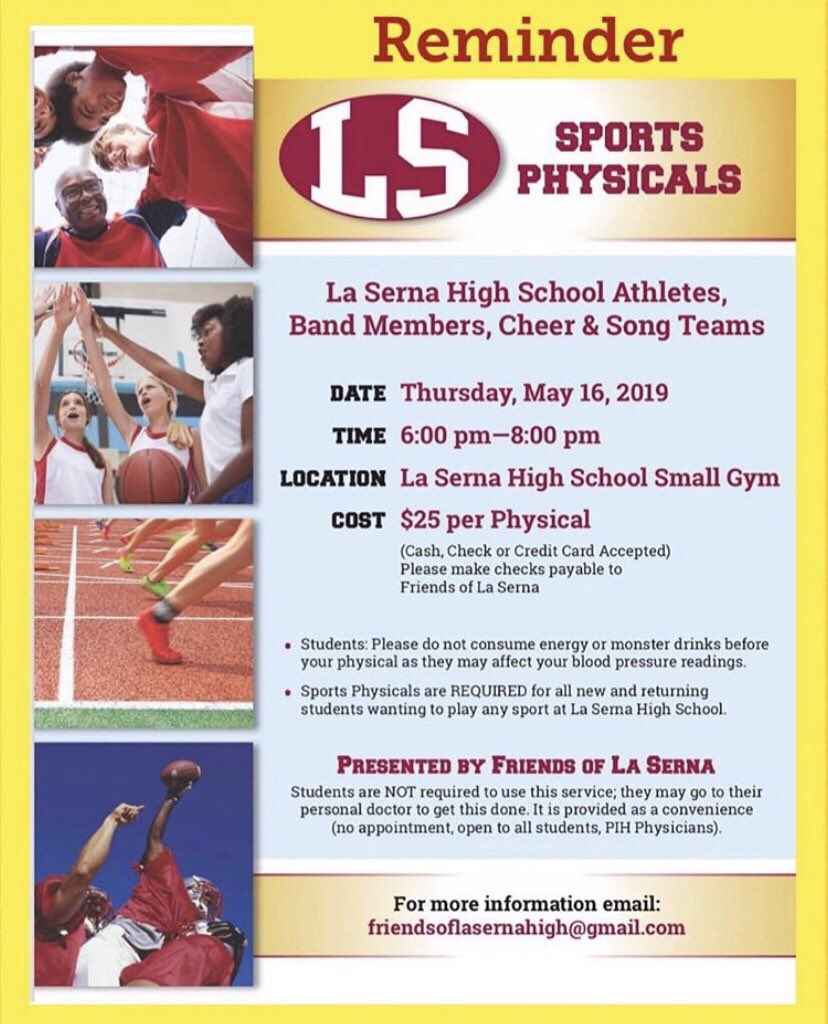 La Serna Baseball (@lasernabaseball) on Twitter photo 🚨Sports Physical Night is TONIGHT from 6-8PM <a href="/LaSernaHS/">La Serna High School</a> small gym.
•Fee: $25 ($20 gets donated back to a program of choice) 🚨Sports Physical Night is TONIGHT from 6-8PM <a href="/LaSernaHS/">La Serna High School</a> small gym.
•Fee: $25 ($20 gets donated back to a program of choice)