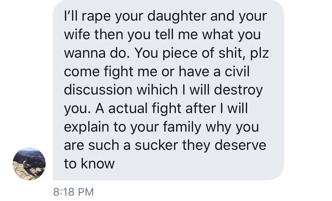 MattWalshBlog's tweet photo. Here is a man threatening to rape my wife and five year old daughter. His name is Taylor Nowicki. Here’s his picture as well. @TaylorNowicki. If anyone knows this guy, please do not let children around him. https://t.co/ZjkBYZJ6DQ