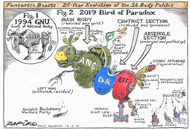 zapiro's tweet photo. Zapiro's cartoon @dailymaverick  (16 May 2019) on SA Body Politic #Elections2019 @CyrilRamaphosa @MYANC @Our_DA @MmusiMaimane @EFFSouthAfrica @Julius_S_Malema @VFPlus - https://t.co/F4ooyFeONc https://t.co/50HTrOIpCg