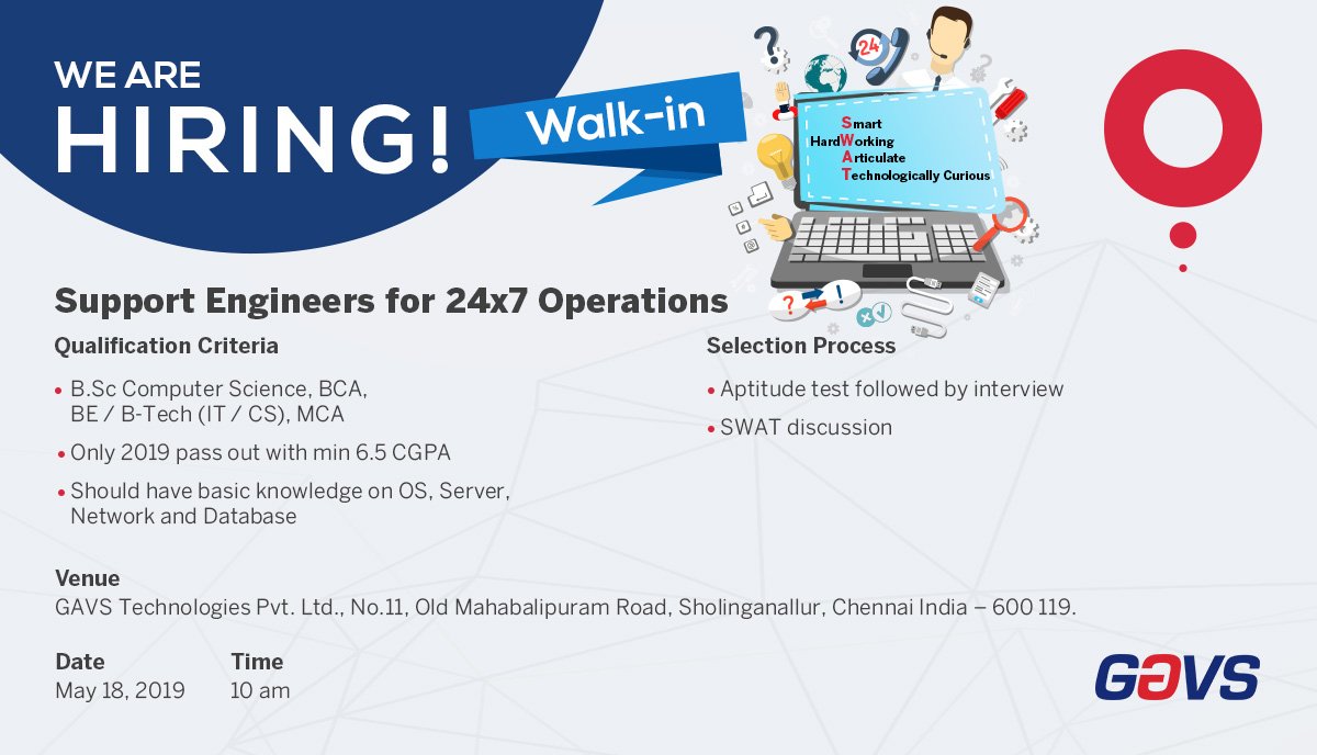 insideneurealm's tweet image. GAVS is hiring. Walk-in drive at Chennai on May 18.
For further information, please write to careers@gavstech.com
#freshers #2019passouts #supportengineers #jobopportunities #WeAreHiring