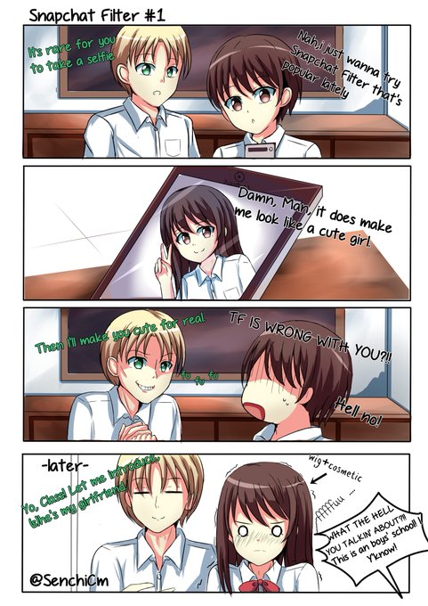 Since Snapchat Filter really trends lately in my country, 
it gives me an idea to make a comic strip using it. 
And yeis, this is my very first comic strip! Hope you gonna like it!
And sorry for the bad grammar, o-)--(
#Trap #otokonoko #SnapchatFilter #男の娘 #ComicStrips 