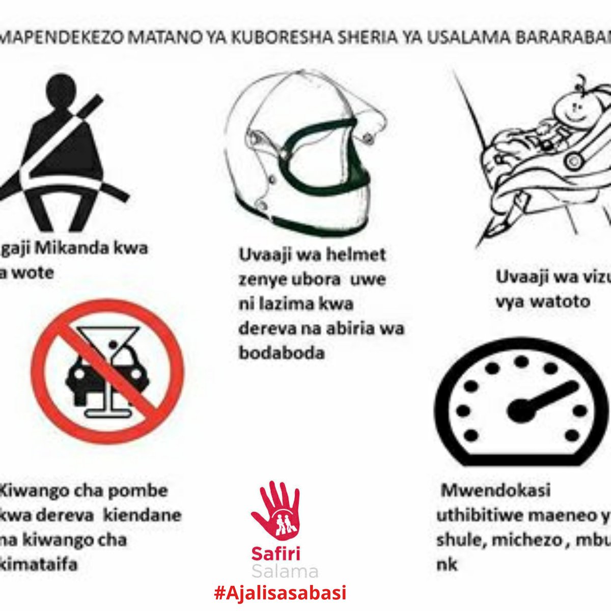 Sheria ya usalama barabarani ya 1973 IBORESHWE yafuatayo;
i.Ufungaji mikanda kwa abiria wote
ii.Uvaaji helmet zenye ubora kwa dereva na abiria wa bodaboda
iii.Uvaaji vizuizi kwa watoto
iv.Kiwango cha kilevi kwa dereva.
v.Mwendo kasi maneo ya shule, mbuga, nk.
#Ajalisasabasi