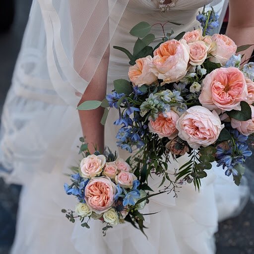 We got the most beautiful Juliets for a May wedding. Here’s the bridal bouquet and a small bridesmaid bouquet to match.