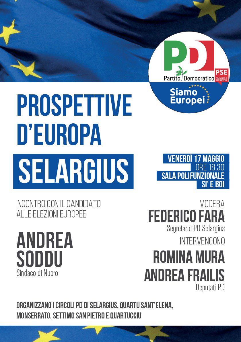 Oggi il nostro candidato alle elezioni europee del 26 maggio Andrea Soddu sarà a #Selargius, alle 17:30, nella sala polifunzionale Si e Boi, con il segretario cottadino Federico Fara i deputati <a href="/RominaMura/">Romina Mura</a> e @AndreaFrailis #Europee2019