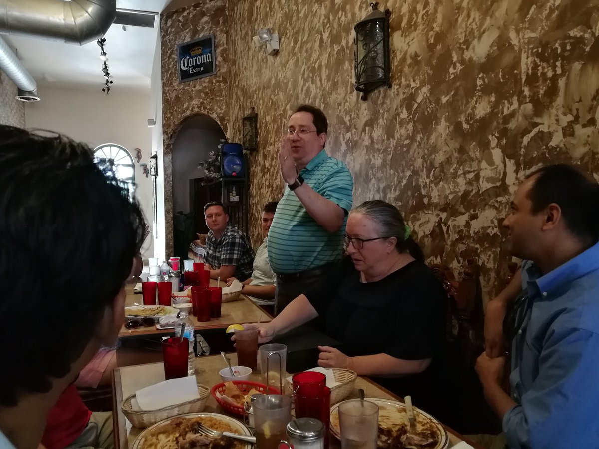 BinMu_ASU's tweet photo. Today we had a farewell lunch for Prof. Veronica Burrows, retiring from @ASUChemEng @SEMTEatASU . Prof. Nielsen presented a gift from colleagues to Prof. Burrows. Many of us gave a speech and some told funny stories back to decades ago. Roni, congrats and happy retirement!😀 https://t.co/C8aj9YIr6h